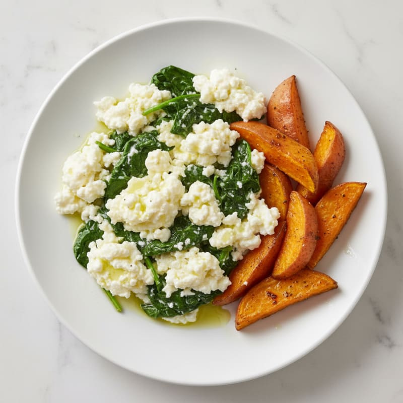 Egg White and Spinach Scramble with Cottage Cheese and Roasted Sweet Potatoes