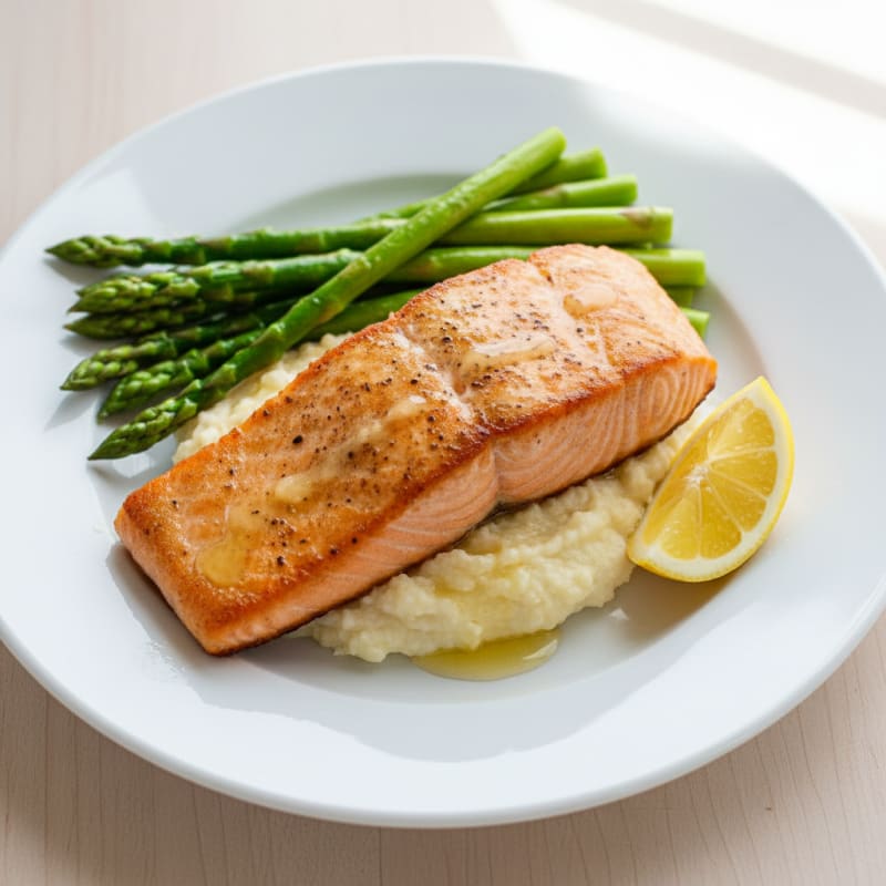 Seared Salmon Fillet with Steamed Asparagus and Cauliflower Mash