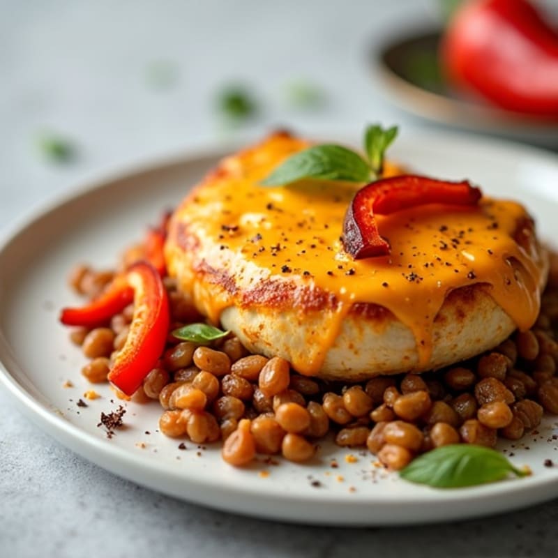 Spicy Cheesy Chicken and Lentil Bake with Roasted Peppers