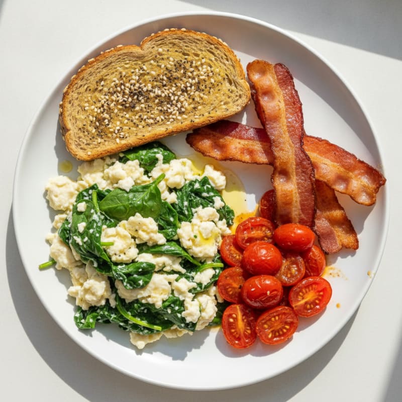 Egg White Spinach Scramble with Turkey Bacon and Sautéed Tomatoes