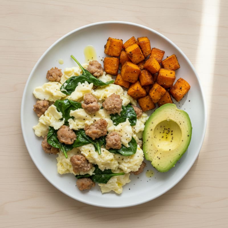 Egg White Scramble with Turkey Sausage and Spinach