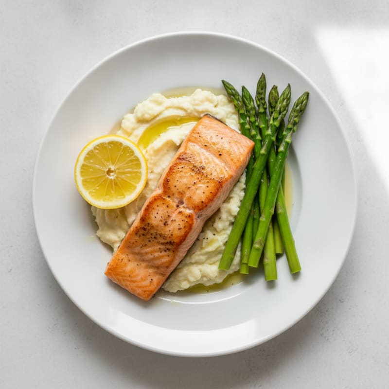 Seared Salmon Fillet with Steamed Asparagus and Garlic Mashed Cauliflower