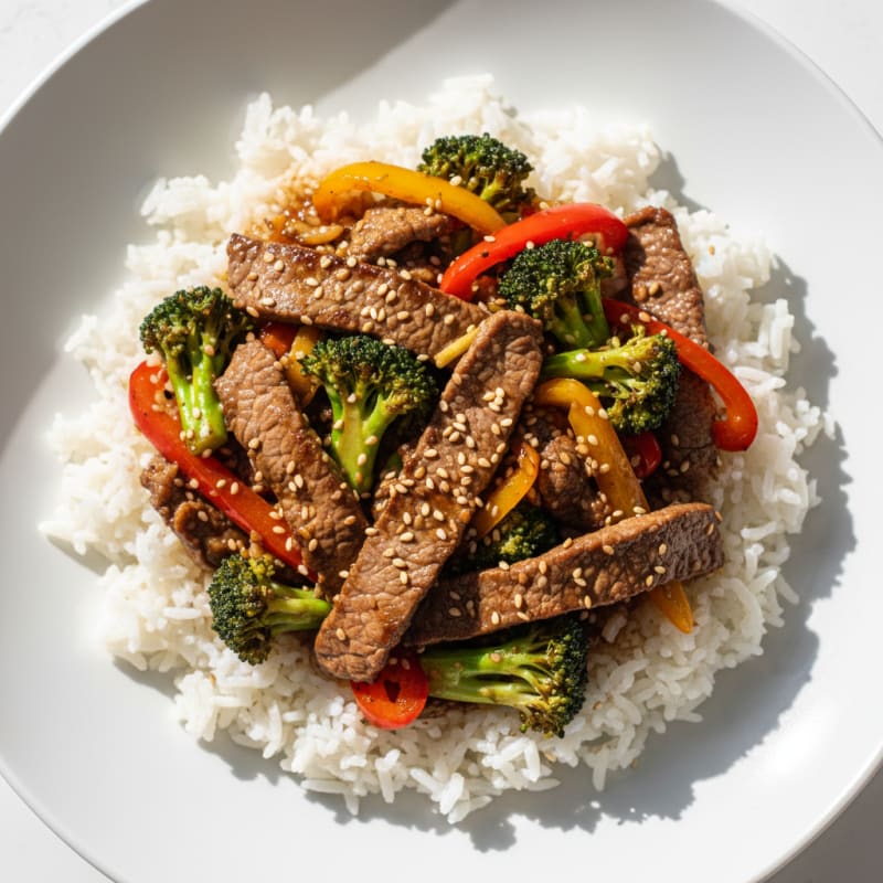 Lean Beef and Roasted Vegetable Stir Fry with Steamed Rice