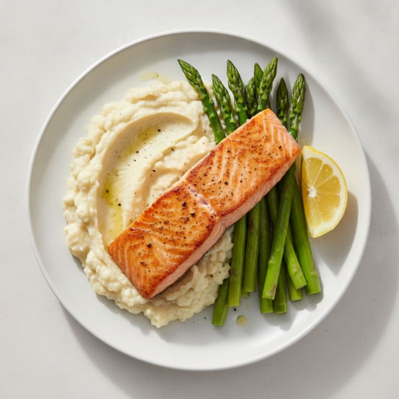 Seared Salmon with Steamed Asparagus and Garlic Cauliflower Mash