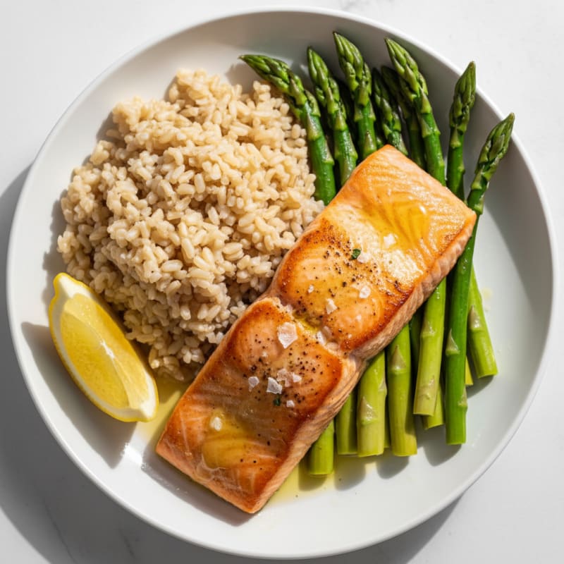 Seared Salmon with Steamed Asparagus and Brown Rice