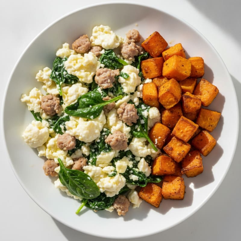 Egg White and Turkey Sausage Scramble with Spinach and Roasted Sweet Potato