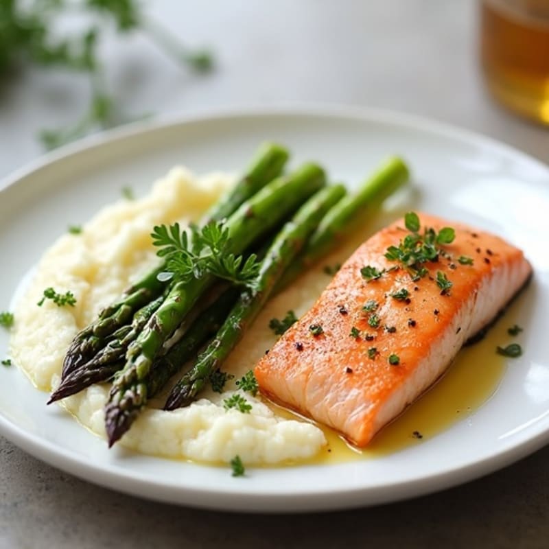 Seared Salmon with Roasted Asparagus and Cauliflower Mash