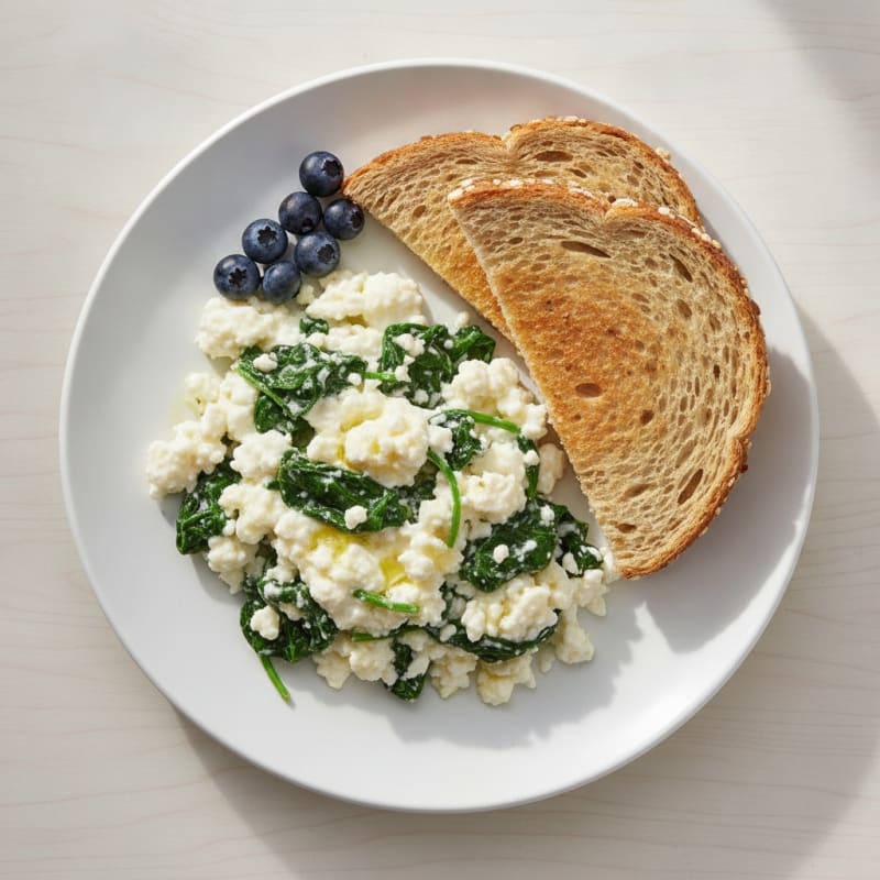 Egg White and Cottage Cheese Scramble with Sautéed Spinach