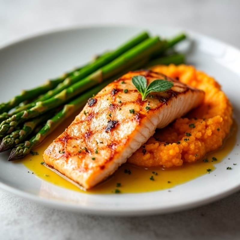 Seared Salmon with Steamed Asparagus and Sweet Potato Mash