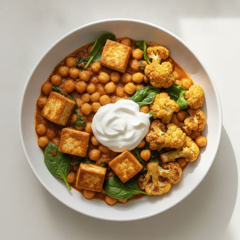 Creamy Tofu and Chickpea Curry with Roasted Cauliflower