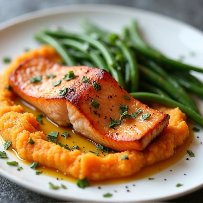 Seared Salmon Fillet with Garlic Green Beans and Sweet Potato Mash