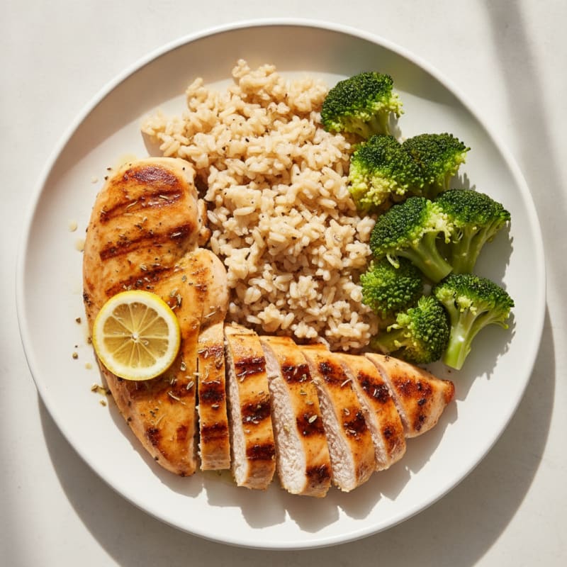 Grilled Lemon Herb Chicken with Brown Rice and Steamed Broccoli