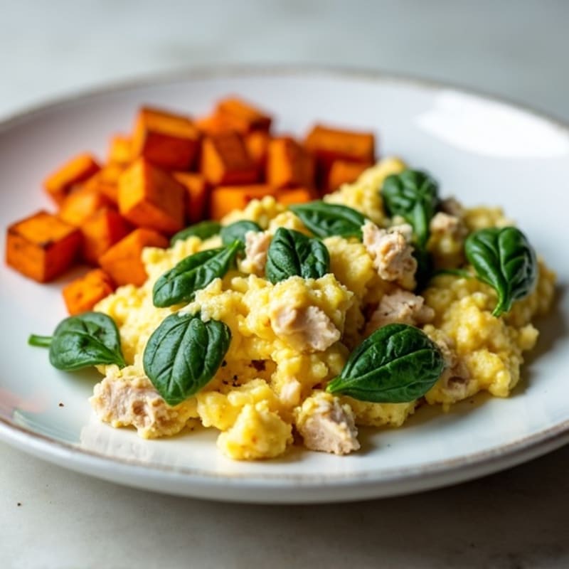 Egg White and Turkey Spinach Scramble with Roasted Sweet Potato