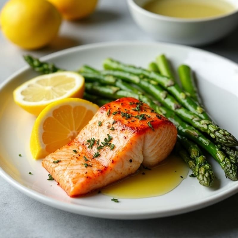Seared Salmon Fillet with Steamed Asparagus and Lemon