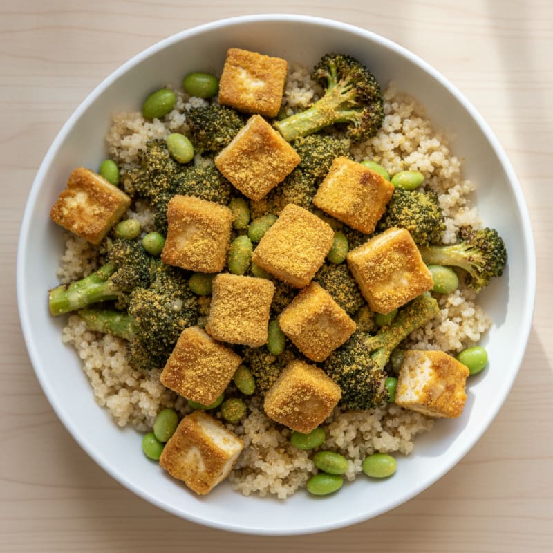 Crispy Tofu and Quinoa Power Bowl with Roasted Broccoli