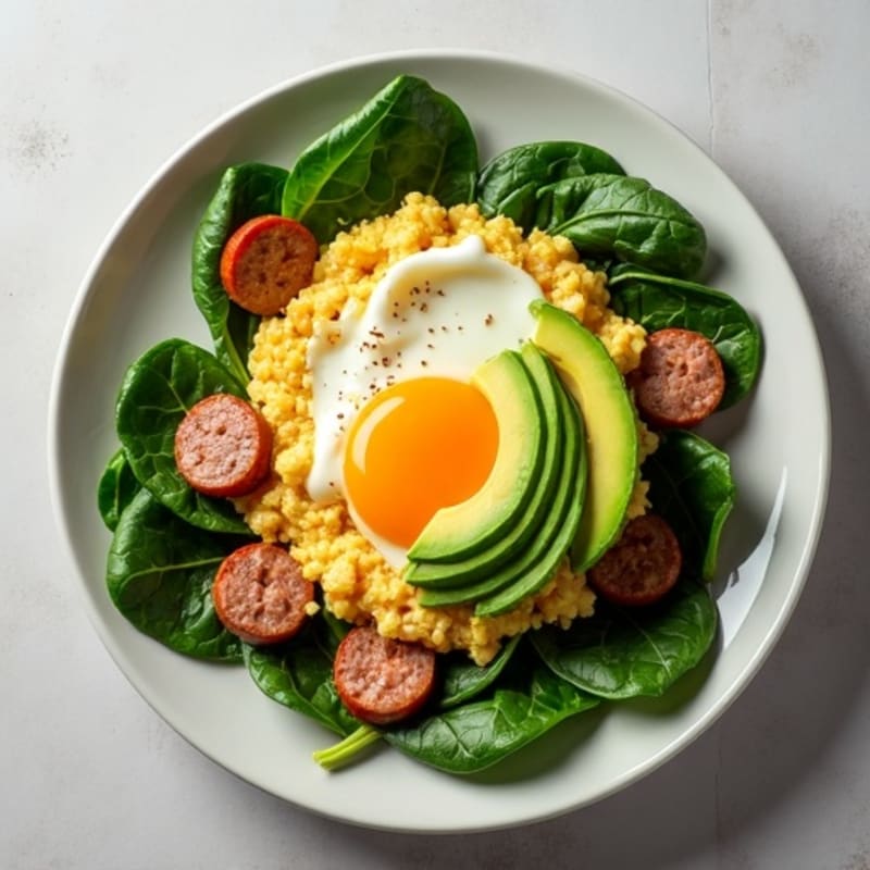 Egg White Spinach Scramble with Turkey Sausage and Avocado