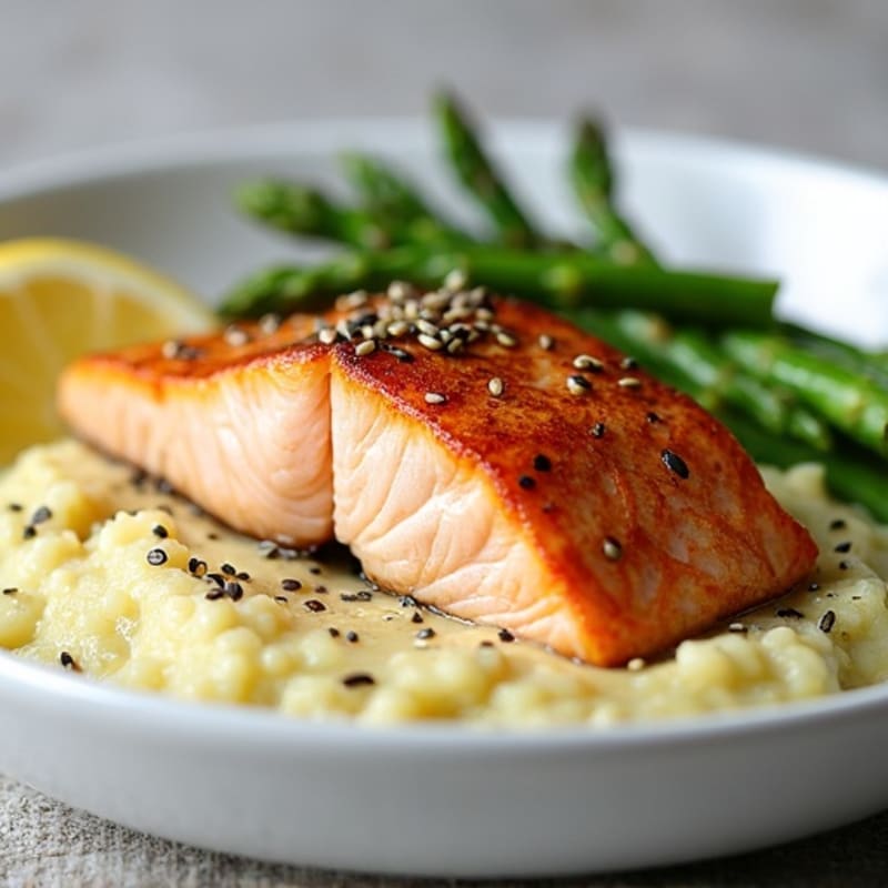 Seared Salmon with Steamed Asparagus and Cauliflower Mash