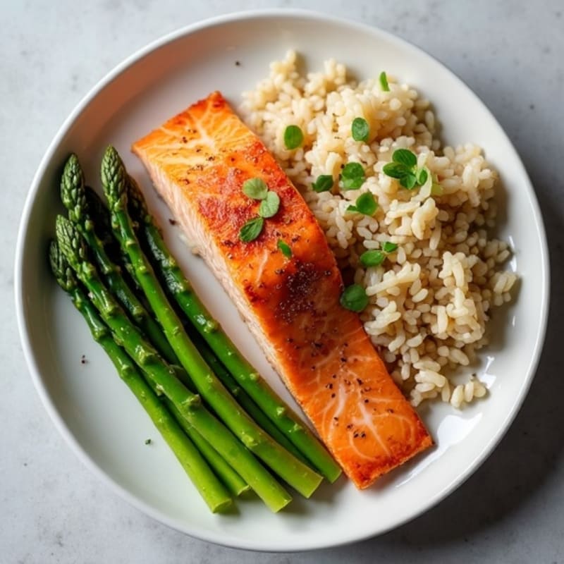 Seared Salmon with Steamed Asparagus and Brown Rice