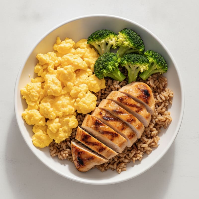 Scrambled Eggs with Grilled Chicken and Steamed Broccoli