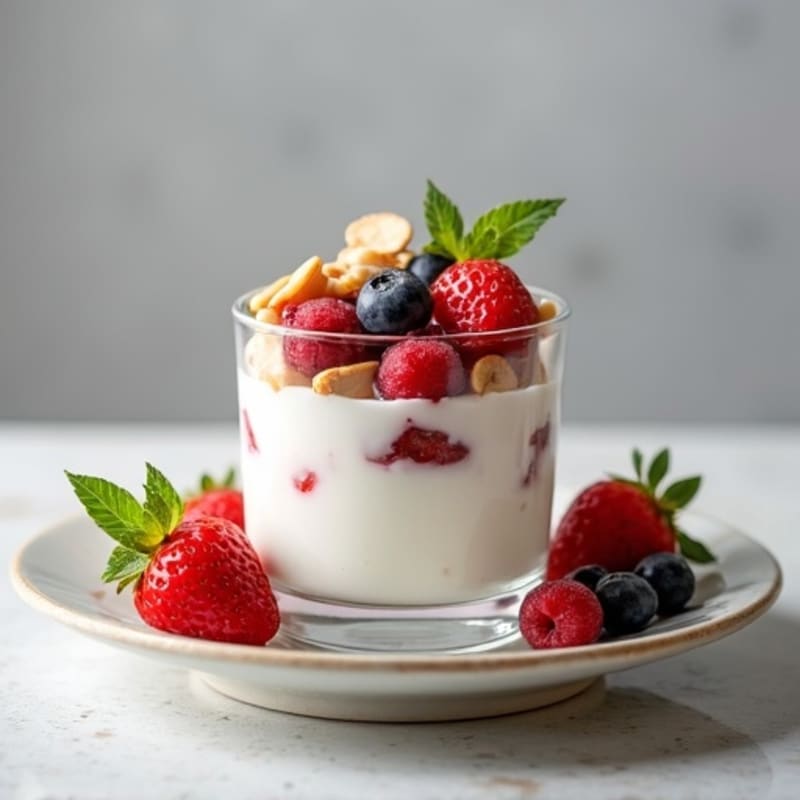 Greek Yogurt Protein Parfait with Sliced Almonds and Mixed Fruit
