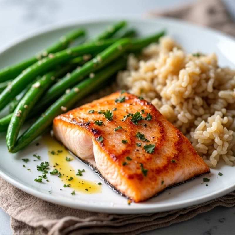 Seared Salmon Fillet with Garlic Green Beans and Brown Rice