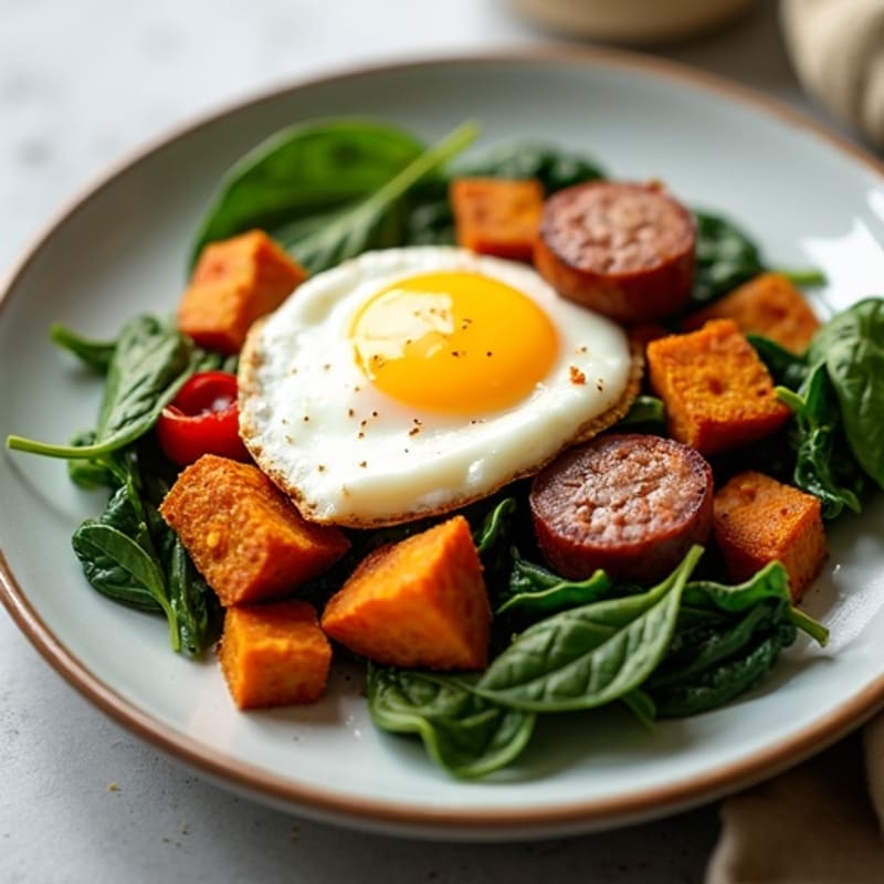Crispy Sweet Potato and Egg Hash with Sautéed Greens