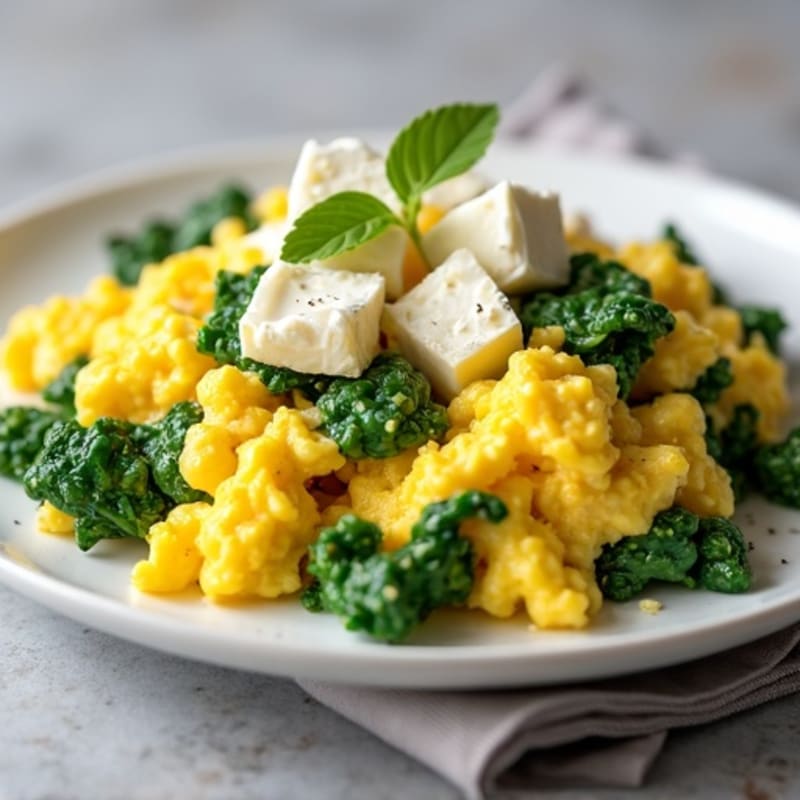 Fluffy Scrambled Eggs with Fresh Spinach and Creamy Feta