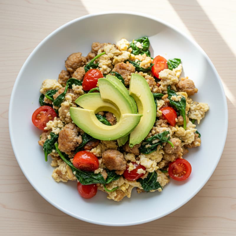 Egg White and Turkey Sausage Scramble with Spinach and Tomatoes