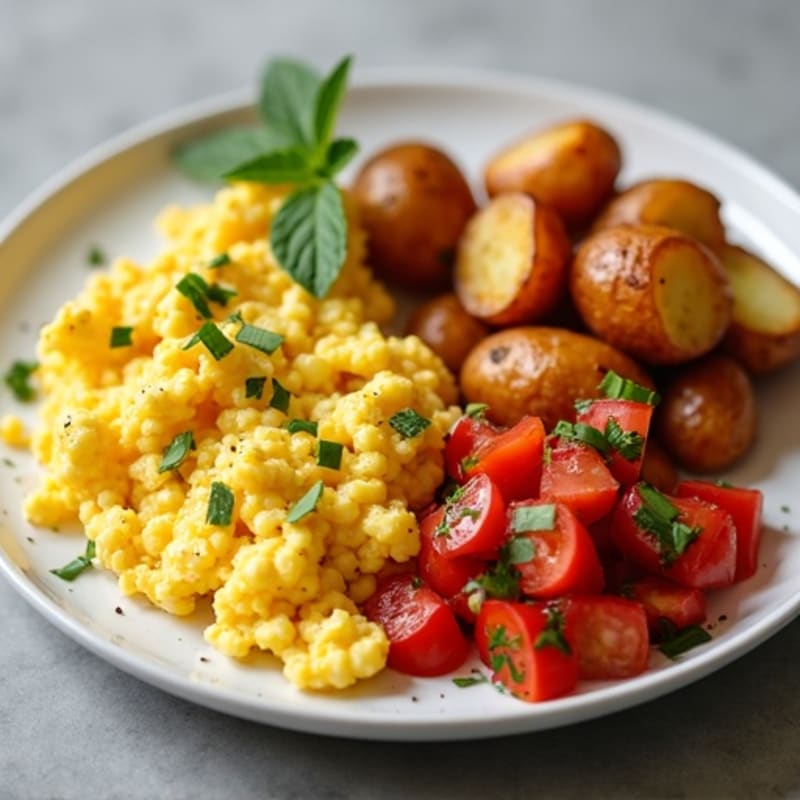 Egg and Pinto Bean Scramble with Crispy Roasted Potatoes and Fresh Salsa