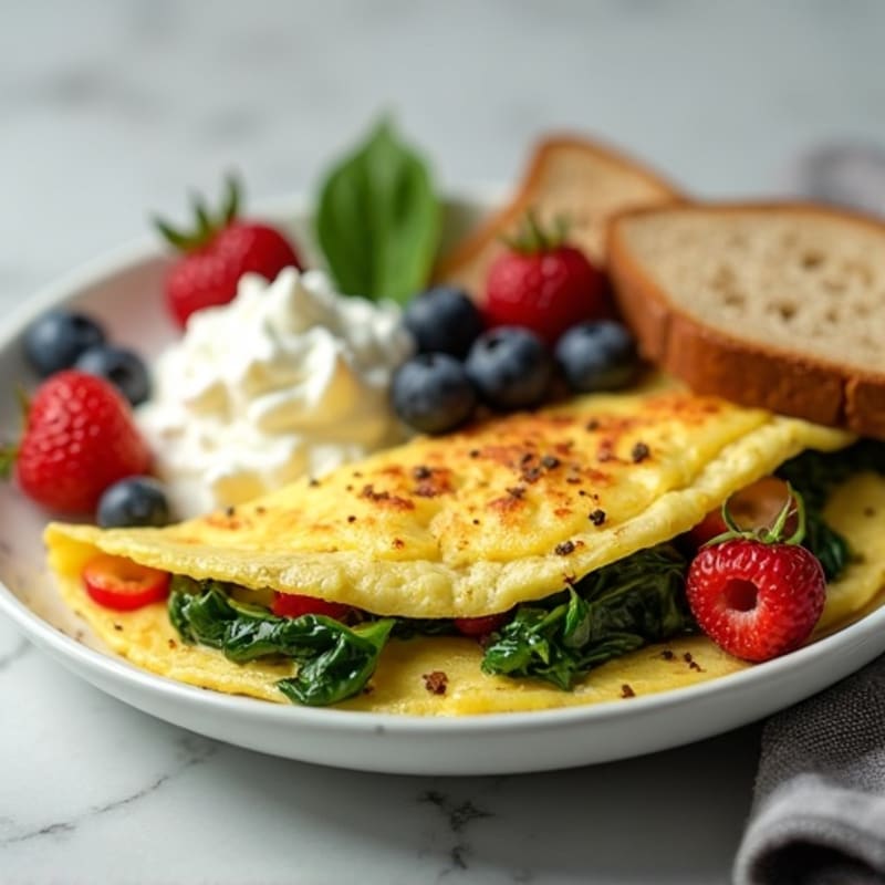 Egg White Vegetable Omelet with Cottage Cheese and Fresh Berries