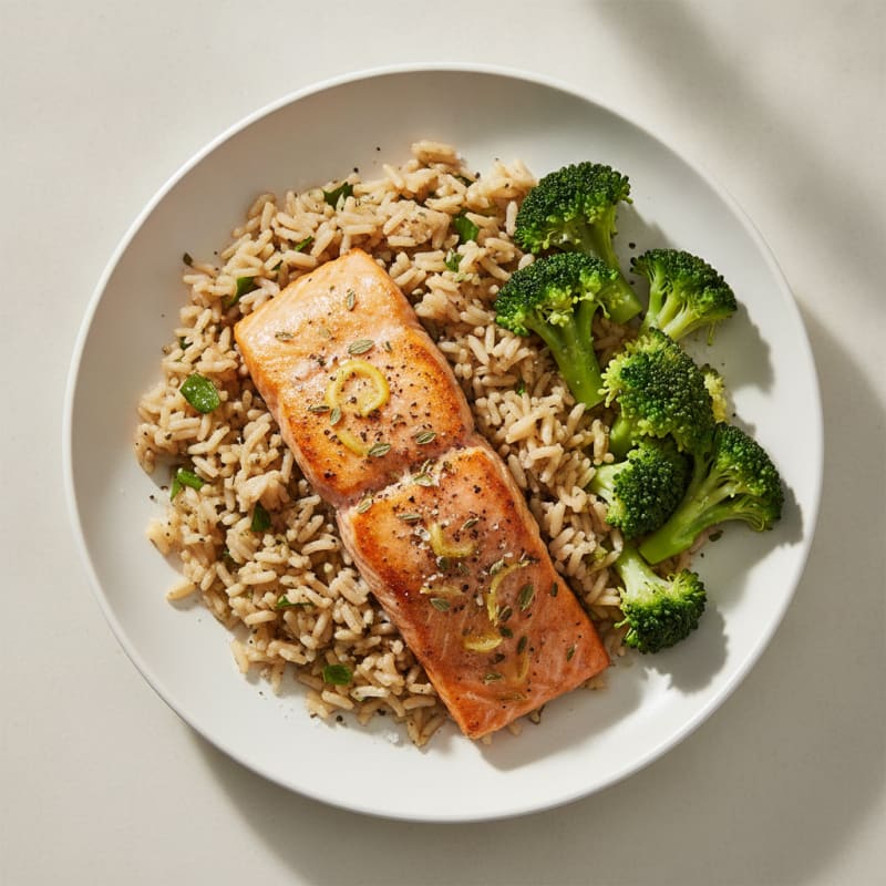 Baked Salmon with Lemon-Herb Rice and Broccoli