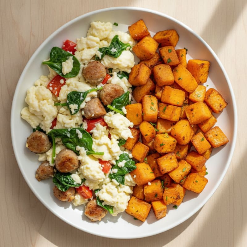 Egg White and Chicken Sausage Scramble with Roasted Sweet Potatoes