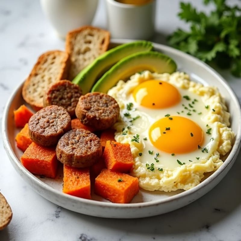 Egg White and Turkey Sausage Scramble with Roasted Sweet Potatoes