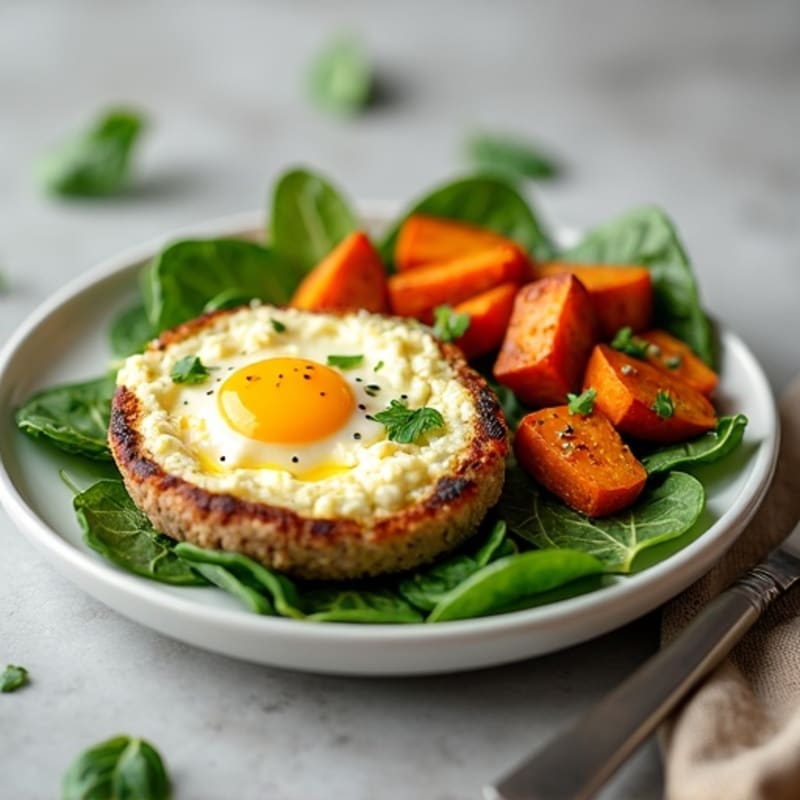 Egg White and Turkey Sausage Scramble with Spinach and Roasted Sweet Potatoes