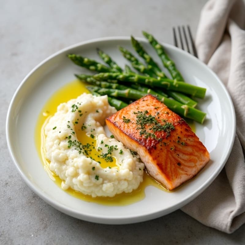 Seared Salmon with Steamed Asparagus and Cauliflower Mash
