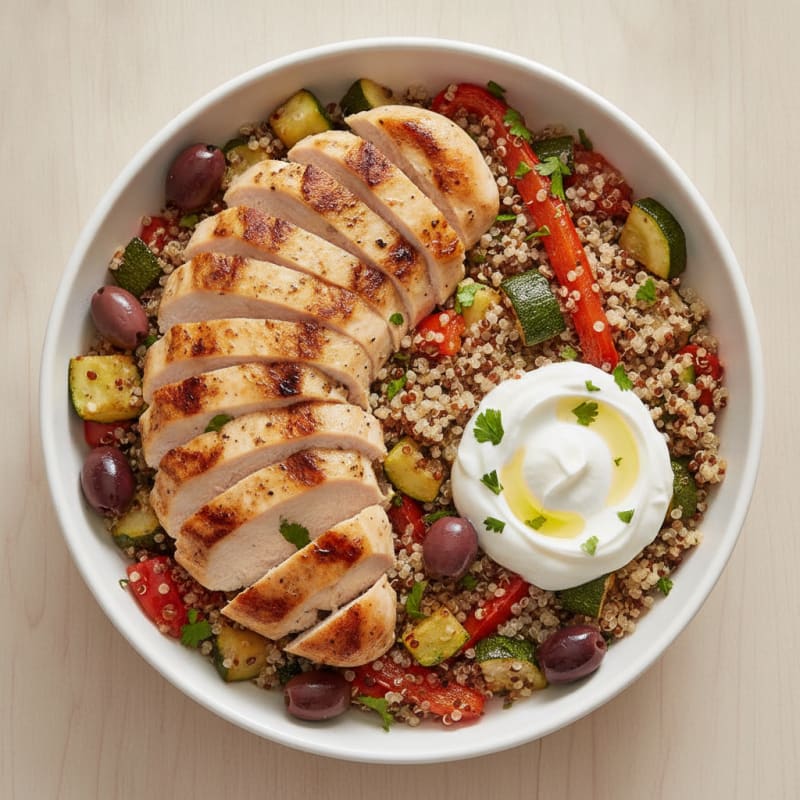 Grilled Chicken and Quinoa Bowl with Roasted Vegetables and Olives