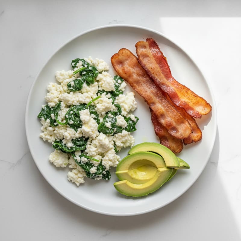 Cottage Cheese Egg White Scramble with Sautéed Spinach and Turkey Bacon