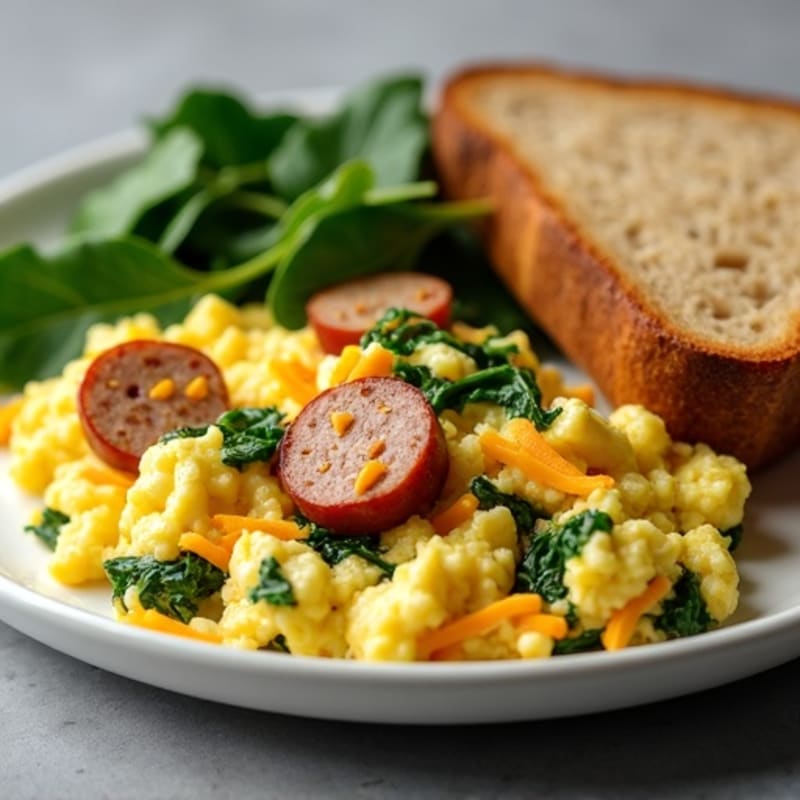 Egg White Scramble with Turkey Sausage and Sautéed Spinach