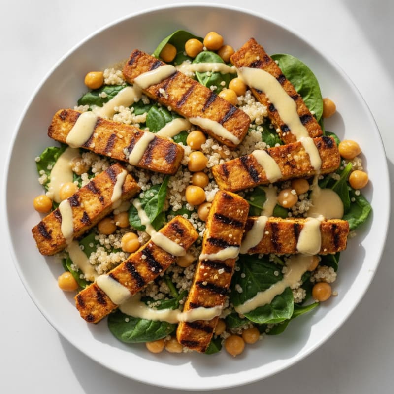 Grilled Tempeh and Quinoa Salad with Chickpeas and Lemon Tahini Dressing