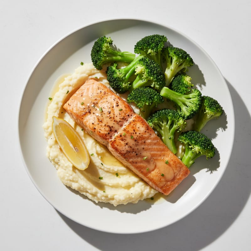 Seared Salmon Filet with Steamed Broccoli and Garlic Mashed Cauliflower