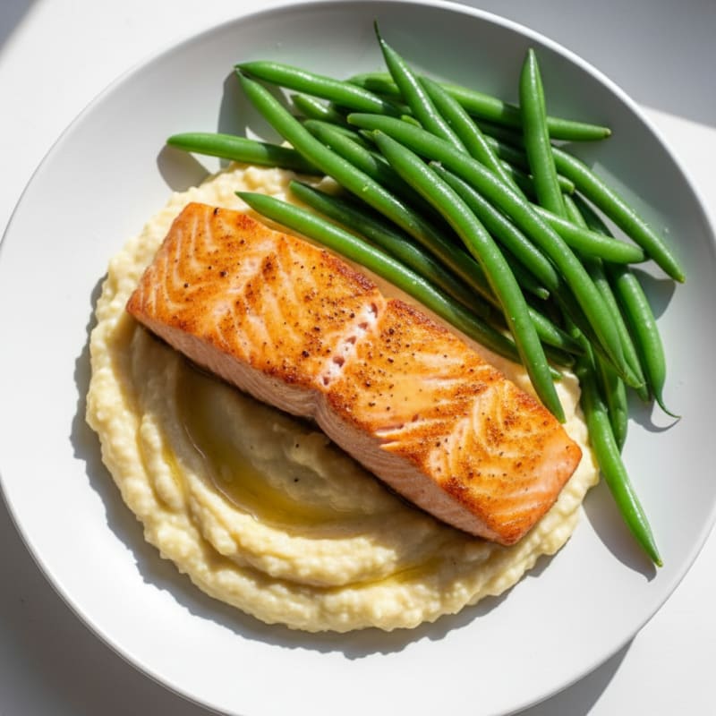 Seared Salmon with Steamed Green Beans and Cauliflower Mash