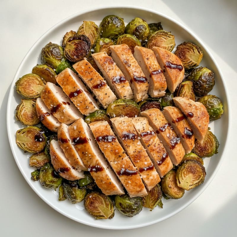 Roasted Brussels Sprouts and Chicken with Balsamic Glaze