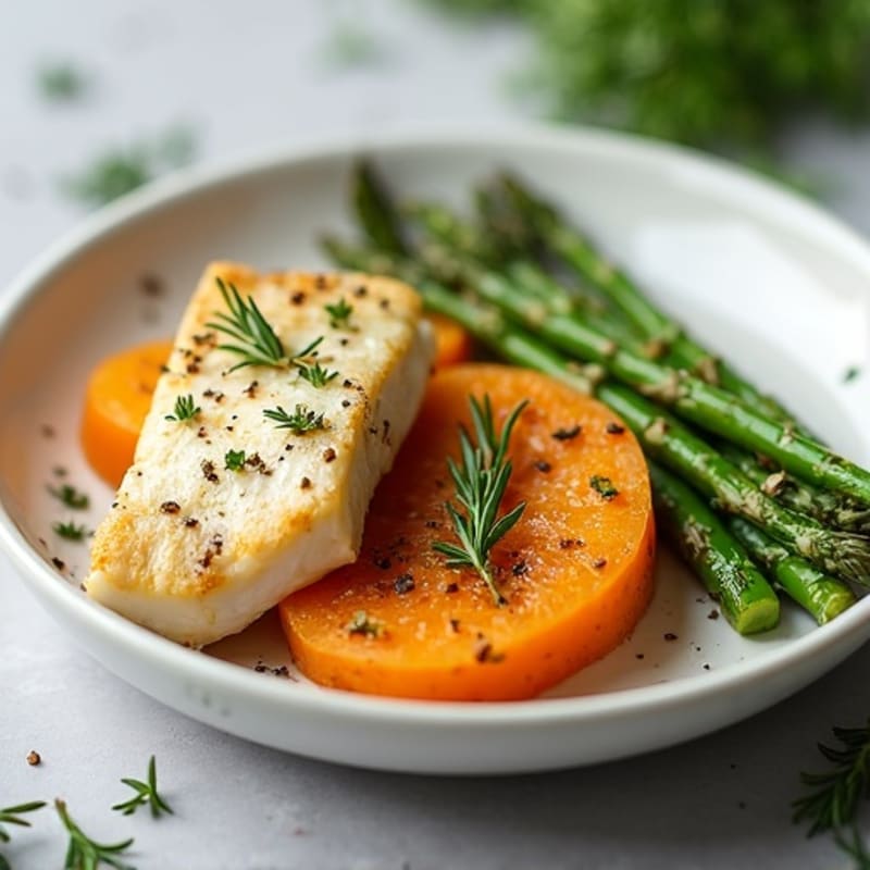 Baked Cod with Herb-Roasted Sweet Potato and Asparagus