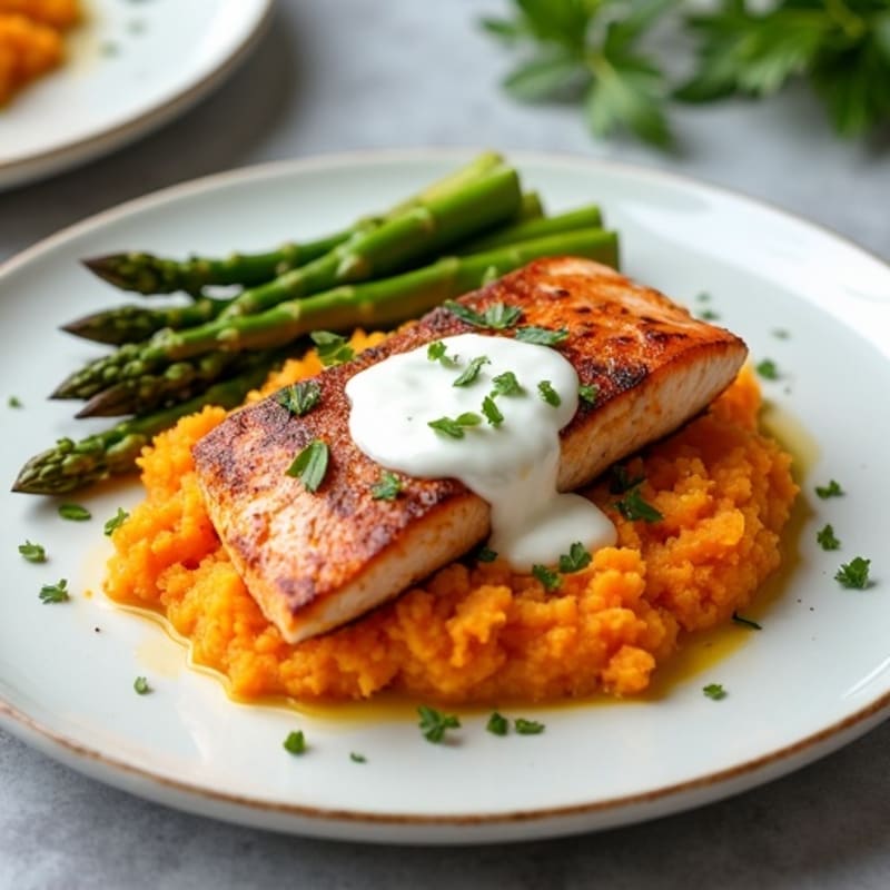 Seared Salmon Fillet with Roasted Asparagus and Sweet Potato Mash