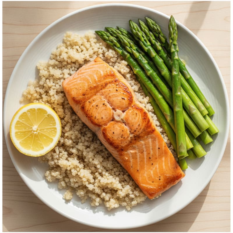 Seared Salmon Filet with Steamed Asparagus and Quinoa