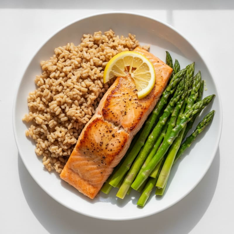 Seared Salmon with Steamed Asparagus and Brown Rice
