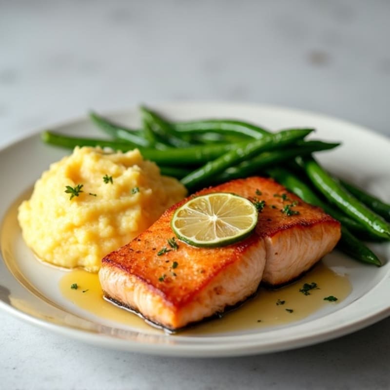 Seared Salmon Fillet with Garlic Green Beans and Mashed Sweet Potato