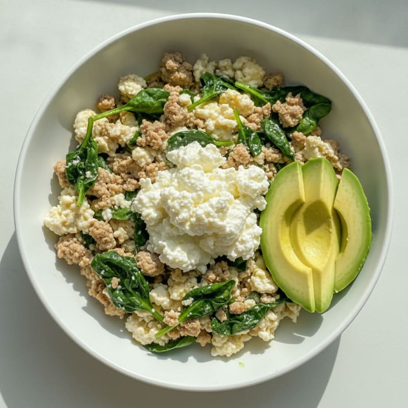 Egg White and Turkey Spinach Scramble with Cottage Cheese