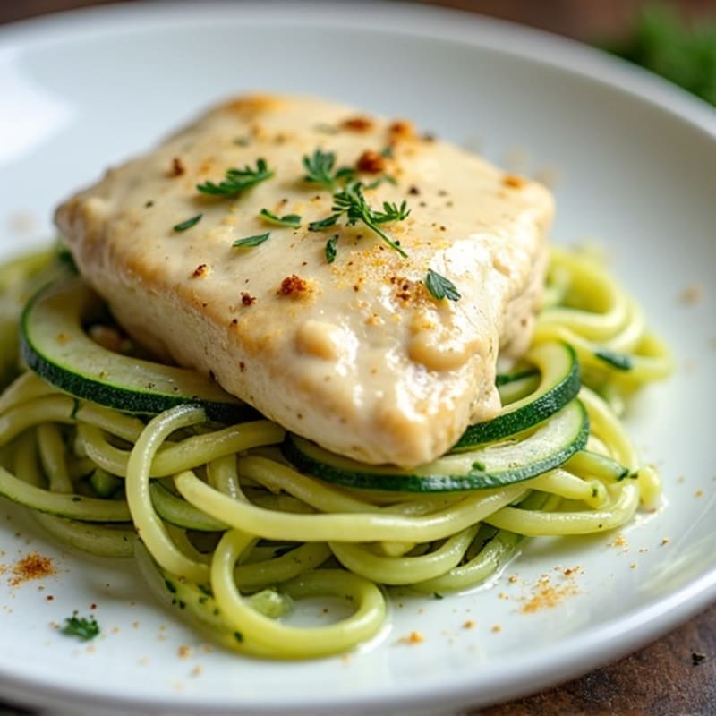 Creamy Cauliflower Alfredo Chicken with Zucchini Noodles