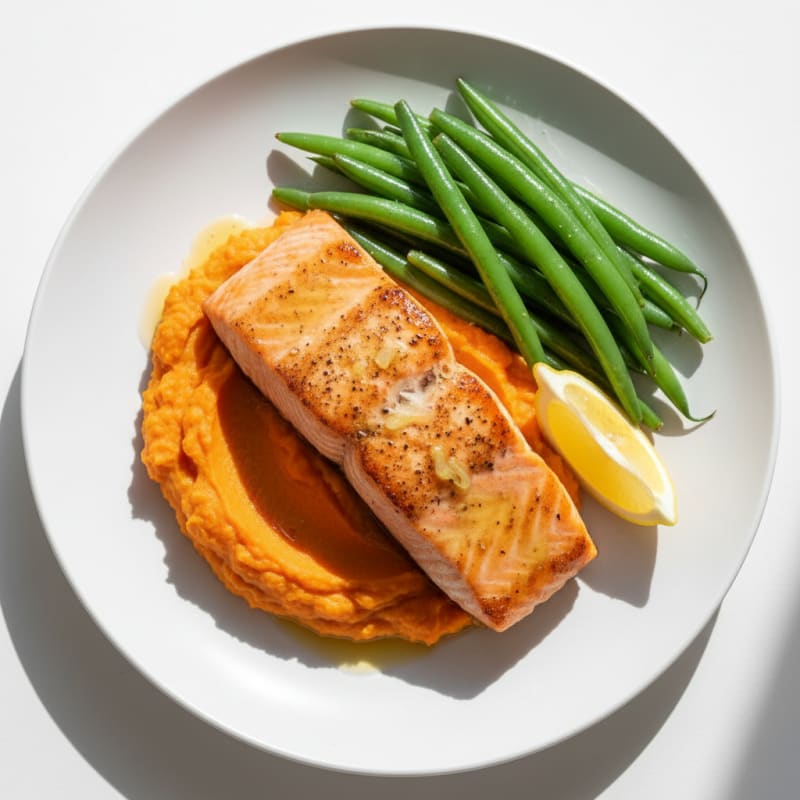 Seared Salmon with Steamed Green Beans and Sweet Potato Mash